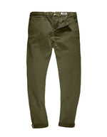 Pantalon chino Marseille Olive Hero Seven, coupe fuselée, teinture vintage, galon tricolore visible sur le revers.