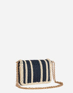 Petit sac Moon marine et crème en cuir tressé avec bandoulière chaîne dorée.