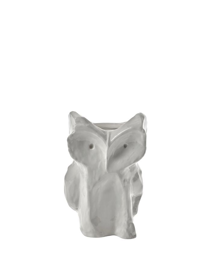 Vase moyen en céramique blanche brillante sculpté en forme de hibou avec motifs peints à la main collection Marni.