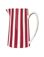 Grand pichet vintage en porcelaine blanche avec anse et fines rayures rouges, hauteur 21.3 cm, modèle de la marque OPJET.