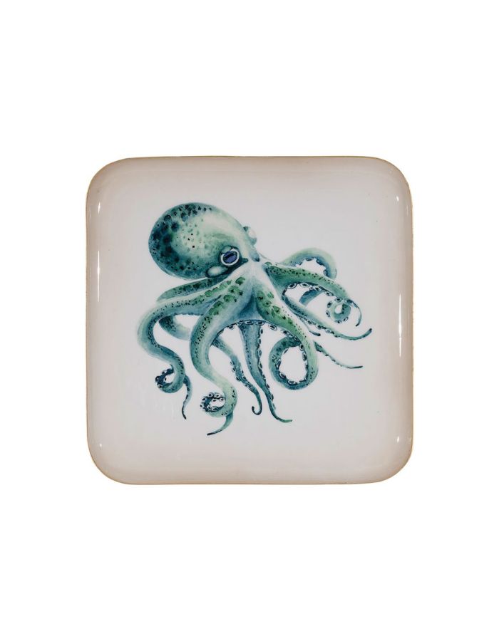 Plateau carré en fer turquoise 27x27 cm avec motif poulpe esprit marin.