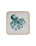Plateau carré en fer turquoise 27x27 cm avec motif poulpe esprit marin.