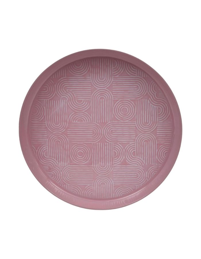 Très grand plateau décoratif rond Molitor par Bazardeluxe, grand format de 60 cm de diamètre. Finition émaillée brillante de couleur rose poudré clair, orné d'un fond aux motifs géométriques en relief.