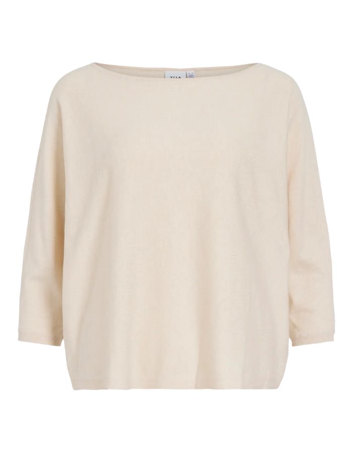 Pull beige Vila Malu en maille, col bateau, manches 3/4, coupe ample.