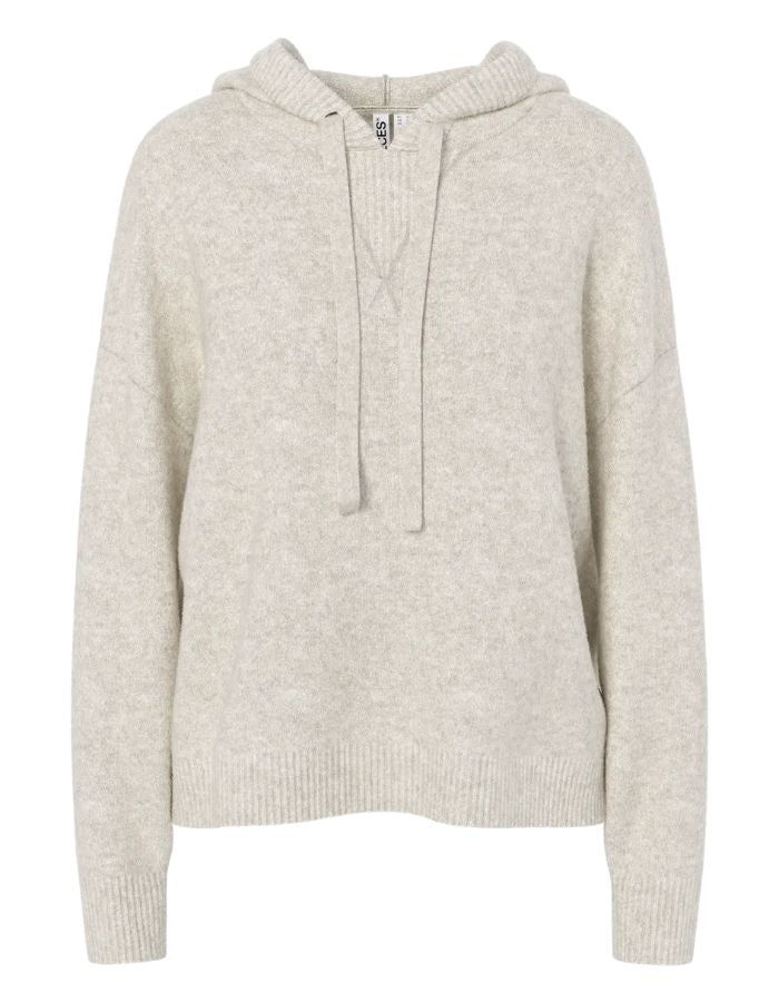 Pull à capuche ajusté pour femme en maille douce beige avec cordons de serrage et manches longues, modèle Malou de la marque PIECES.