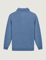 Dos du Pull col camionneur zippé en laine d'agneau bleu ciel pour homme avec broderie Out of Office sur la poitrine, modèle Delépine de la marque Maison Labiche.