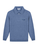 Pull col camionneur zippé en laine d'agneau bleu ciel pour homme avec broderie Out of Office sur la poitrine, modèle Delépine de la marque Maison Labiche.