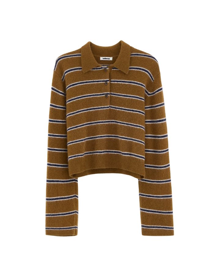 Pull femme Dussyr Stripe E camel rayé bleu marine et écru Bellerose