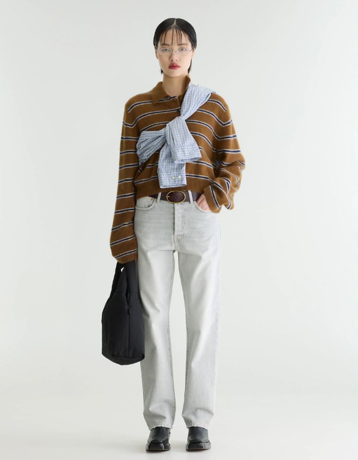 Pull femme Dussyr Stripe E camel rayé bleu marine et écru Bellerose