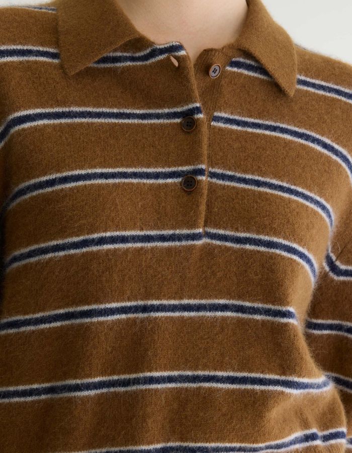 Pull femme Dussyr Stripe E camel rayé bleu marine et écru Bellerose