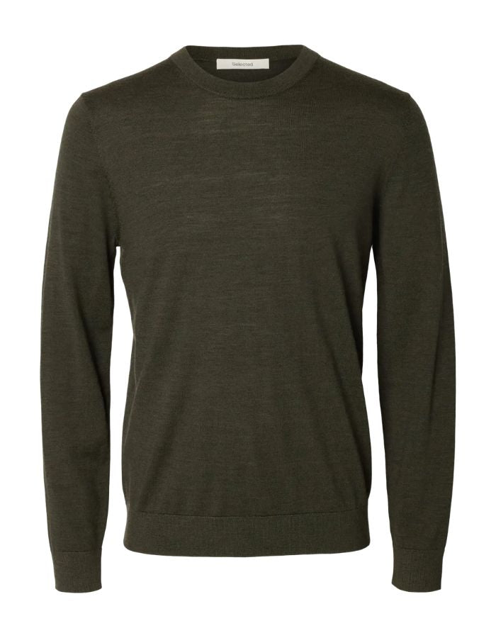Pull pour homme à col rond en laine mérinos vert forêt, modèle Tray LS Knit Reg Merino Crew couleur Forest Night de la marque SELECTED HOMME.