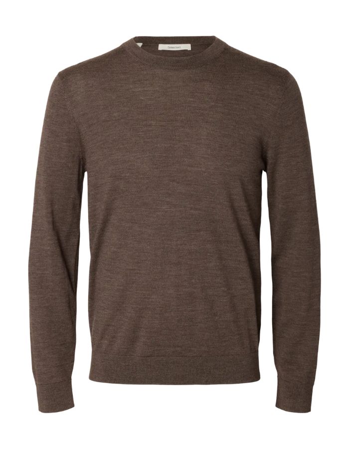 Pull pour homme à col rond en laine mérinos couleur marron chocolat, modèle Tray LS Knit Reg Merino Crew de la marque SELECTED HOMME.
