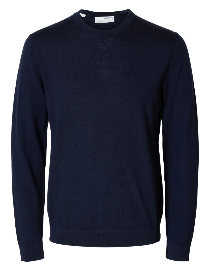 Pull pour homme à col rond en laine mérinos bleu marine, modèle Tray LS Knit Reg Merino Crew couleur Navy de la marque SELECTED HOMME.