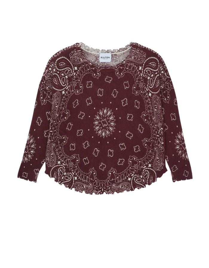 Pull liquette col rond pour femme en 100% cachemire bordeaux, modèle Mela Bandana de la marque KUJTEN. Présente une coupe fluide en jersey 2 fils avec bas légèrement arrondi et finitions en bord-côte.