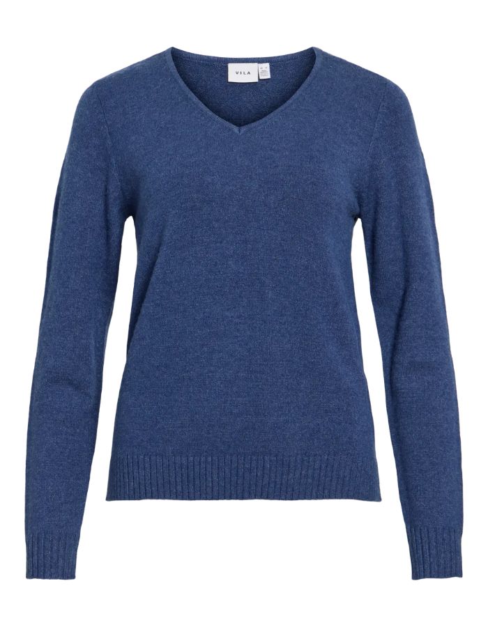 Pull en maille fine pour femme à manches longues et col en V, modèle Viril de la marque Vila. Tissu tricoté de couleur bleu marine foncé mélangé Navy Peony avec des finitions en bords-côtes aux poignets.