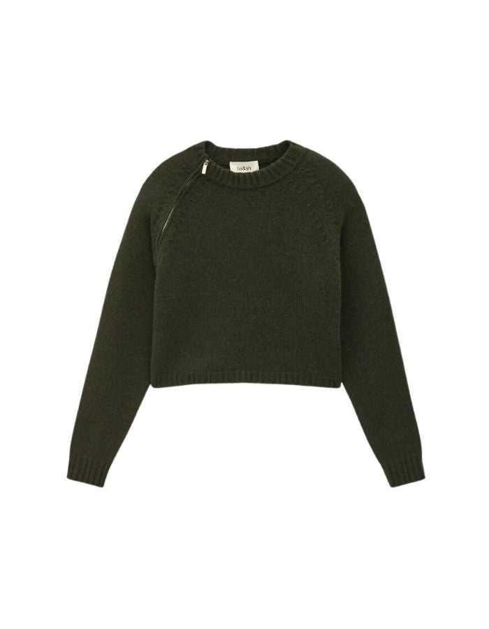 Pull court décontracté pour femme en cachemire kaki jauge 5 point jersey, modèle Corvy Pull couleur Kaki de la marque ba&sh