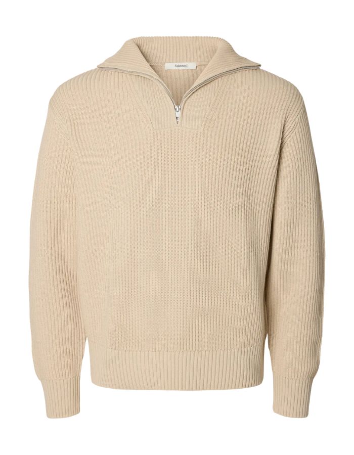 Pull pour homme en maille de coton biologique avoine clair avec col montant demi-zip et coupe décontractée, modèle Dry de la marque SELECTED