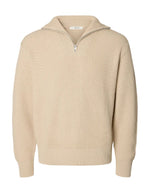 Pull pour homme en maille de coton biologique avoine clair avec col montant demi-zip et coupe décontractée, modèle Dry de la marque SELECTED