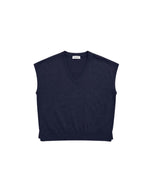 Pull à manches courtes pour femme en laine mérinos 2 fils bleu nuit avec col V, emmanchures basses et fentes latérales, modèle Orfeo de la marque Hana San