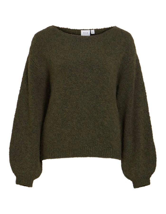 Pull pour femme en maille vert kaki, modèle Marley Knit Pullover de la marque VILA. Présente un col rond, des manches longues légèrement volumineuses et des poignets ajustés en bord-côte.