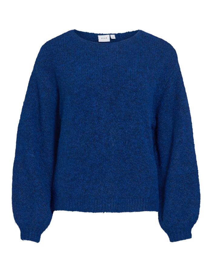 Pull pour femme en maille bleu marine Navy Peony, modèle Marley Knit Pullover de la marque VILA. Présente un col rond, des manches longues légèrement volumineuses et des poignets ajustés en bord-côte.