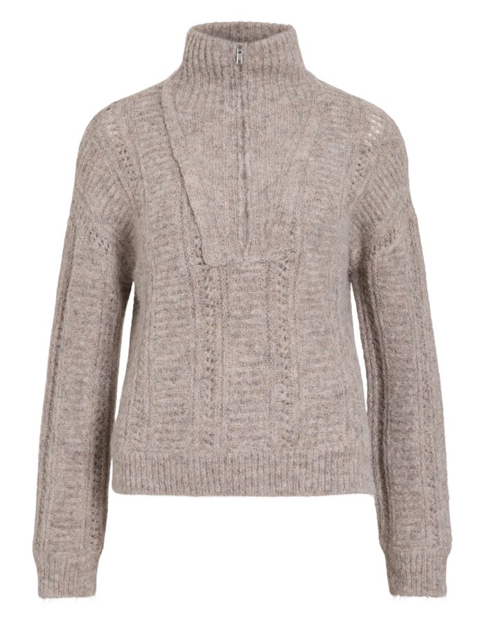 Pull oversize pour femme en maille écru avoine chiné avec col montant zippé camionneur, modèle Gleeba Half Zip Knit Top couleur Natural Melange de la marque VILA.