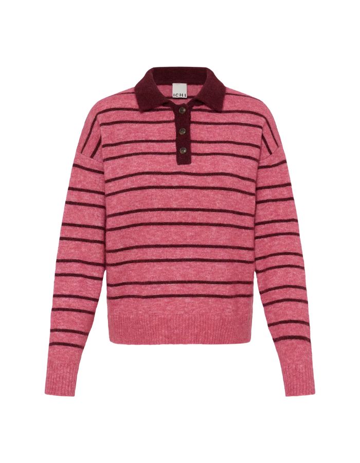 Pull polo Ihsage rose rayé bordeaux ICHI