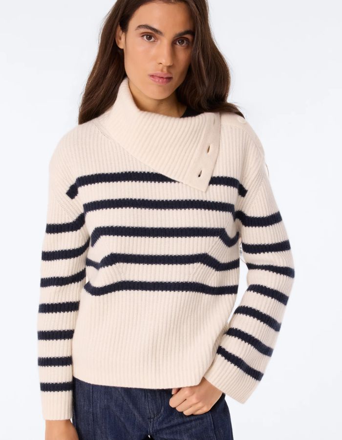 Pull Vale blanc à rayures bleu marine Kujten