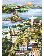 Vue dupuzzle 1000 pièces Rio de Janeiro de la marque Piecely. L'illustration colorée montre le Christ Rédempteur, les collines tropicales et la baie de Rio dans un style graphique moderne et chaleureux