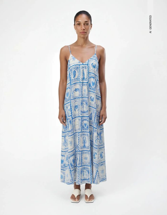 Silhouette portée avec la Robe d'été fluide et ample à fines bretelles réglables, modèle Vima de la marque Object. Tissu imprimé bleu azur sur fond écru bouleau, doté d'un col en V élégant et d'une longueur idéale pour la plage ou les soirées.