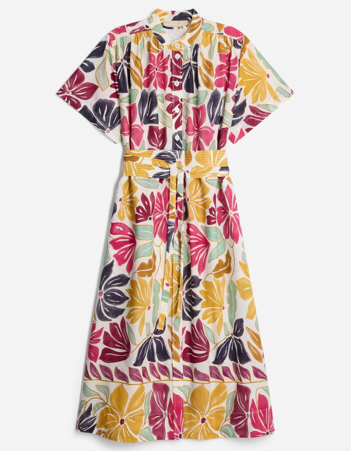 Robe midi Ghala Vanessa Bruno florale multicolore sur fond crème, coupe chemise avec col officier et ceinture à nouer.