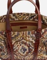 Cabas L zippé en toile jacquard multicolore bohème avec anses et finitions en cuir marron.