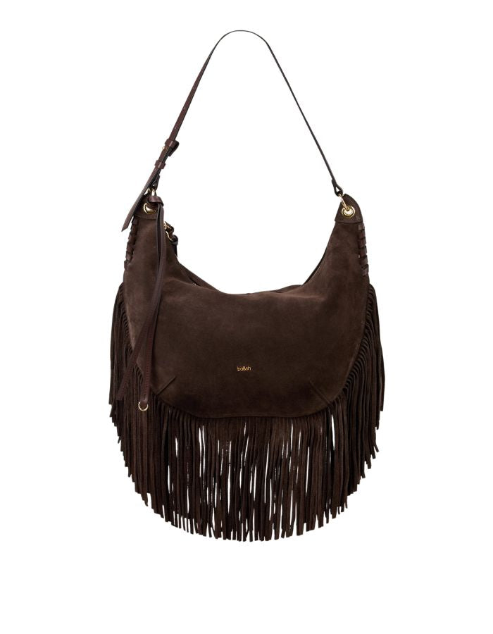 Grand sac hobo pour femme de format XL en croûte de cuir marron chocolat, modèle Franges de la marque Ba&sh. De forme arrondie en demi-lune, le sac est doté d'une fermeture zippée et se caractérise par de très longues franges en cuir suspendues sur tout le bas de sa base.