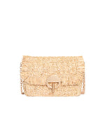 Sac Moon Moyen Vanessa Bruno en raphia tressé beige avec fermoir rond doré et bandoulière chaîne.