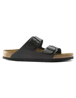 Profil des Sandales anatomiques à deux brides noires pour homme et femme, tige en Birko-Flor avec boucles réglables et semelle en liège, modèle Arizona Narrow Black de Birkenstock.