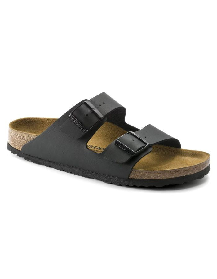 Sandales anatomiques à deux brides noires pour homme et femme, tige en Birko-Flor avec boucles réglables et semelle en liège, modèle Arizona Narrow Black de Birkenstock.