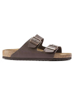 Profil des Sandales anatomiques à deux brides marron foncé pour homme et femme, tige en Birko-Flor avec boucles réglables et semelle en liège, modèle Arizona Narrow Dark Brown de Birkenstock.