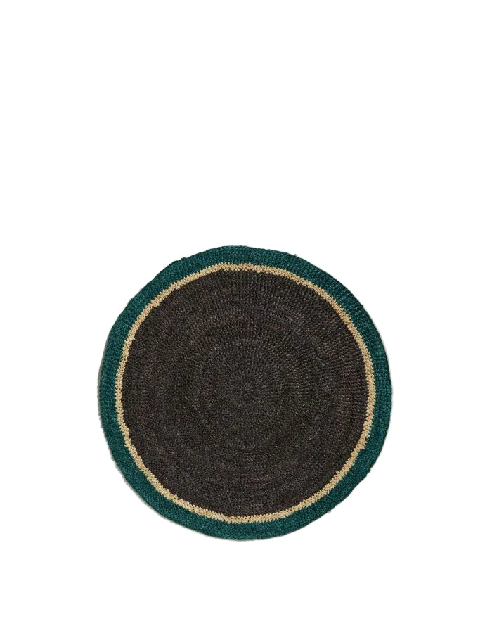 Set de table rond en raphia tressé main, noir avec bordures dorée et bleu Sarah.