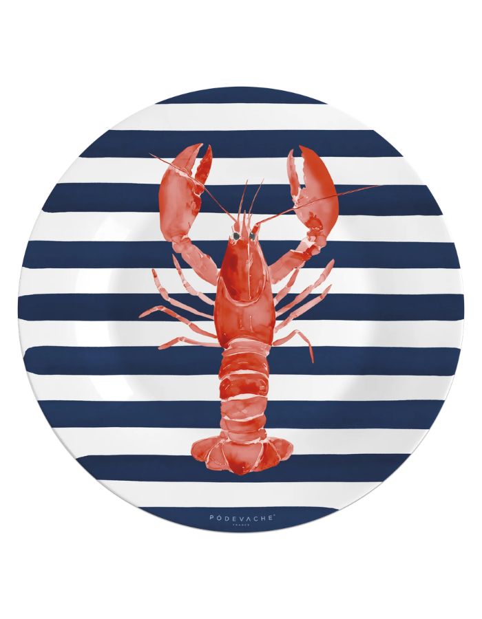 Set de table rond Stripes Homard de PODEVACHE. Design graphique avec rayures et motif homard central sur vinyle PVC. Fabrication française, épaisseur 2,4 mm, diamètre 38 cm.