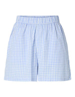 Short taille haute Bibby de la marque PIECES avec imprimé Vichy bleu et blanc. Taille élastiquée, coupe regular fit. Confectionné en coton biologique et polyester recyclé.