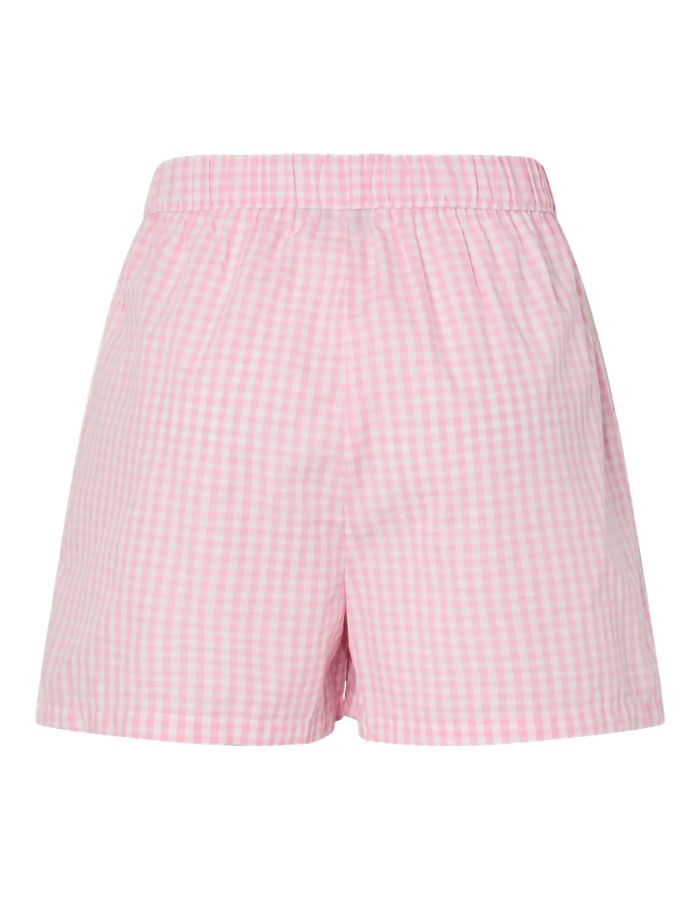 Dos du Short taille haute de la marque PIECES avec imprimé Vichy rose et blanc. Taille élastiquée et coupe standard (regular fit). Confectionné en coton biologique et polyester recyclé.