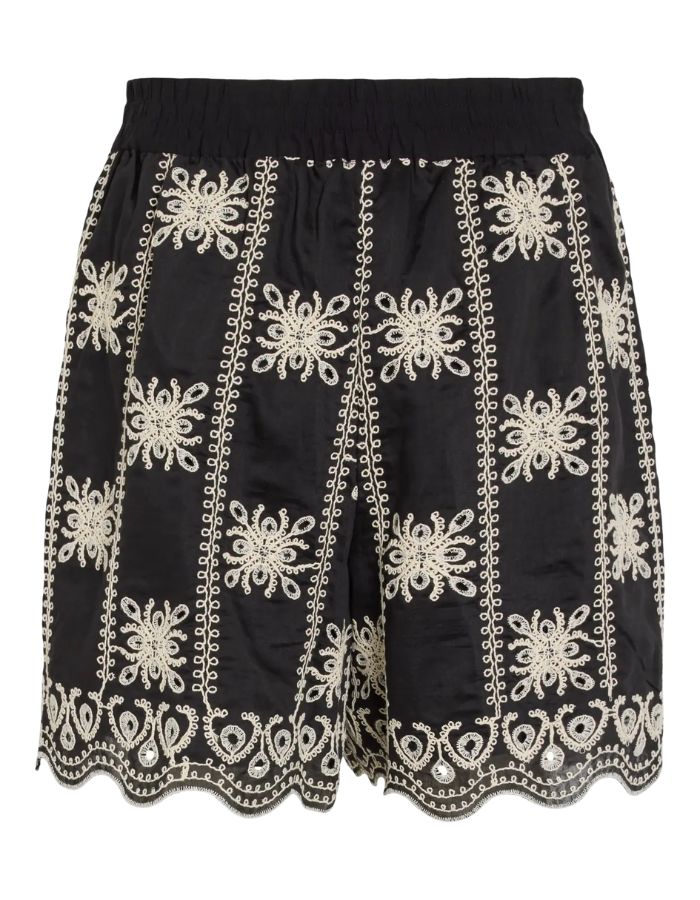 Dos du Short taille haute fluide Nala par Rouge Edit, coloris noir Meteorite Embroidery. Coupe large avec poches latérales et broderies ton sur ton élégantes. Tissu soyeux en mélange de lyocell.