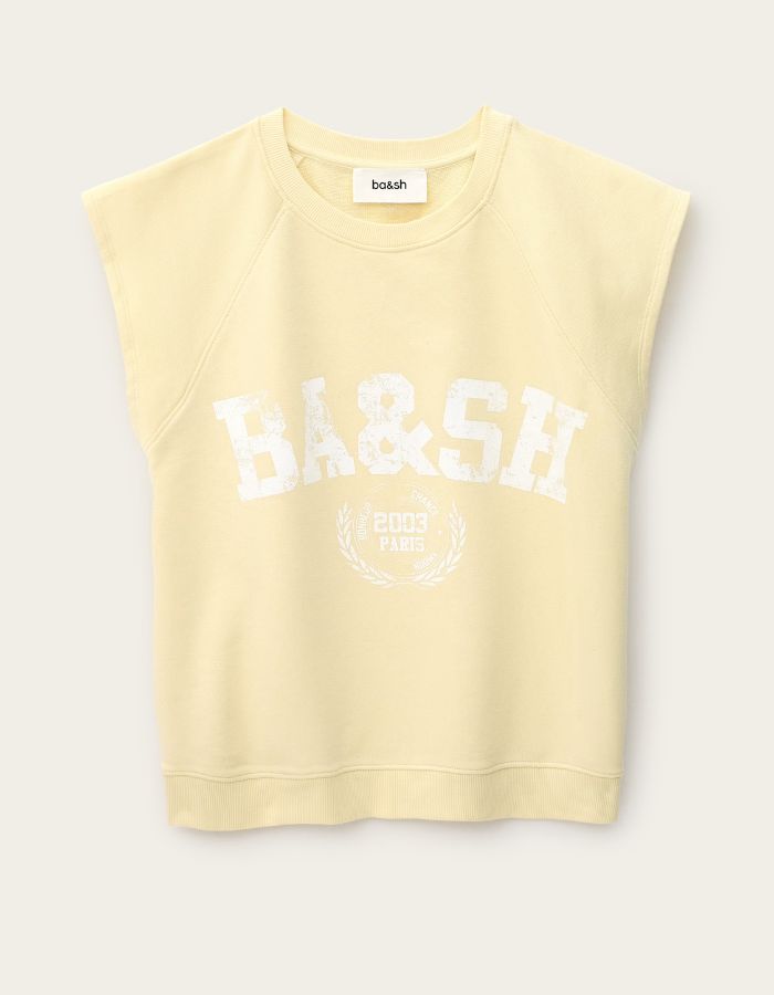 Sweat Beata Jaune Ba&sh en coton biologique, sans manches, avec logo blanc et inscription "2003 Paris".