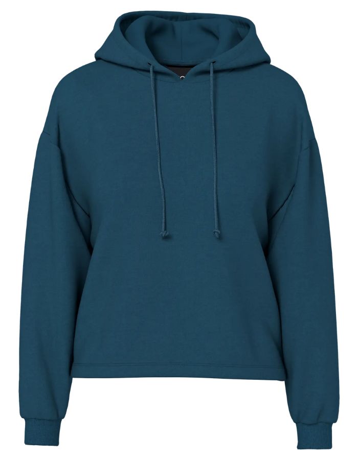 Sweatshirt à capuche uni pour femme modèle Chilli de la marque Pieces. Coupe droite de couleur bleu marine très foncé et profond Reflecting Pond, doté d'une capuche et de manches longues