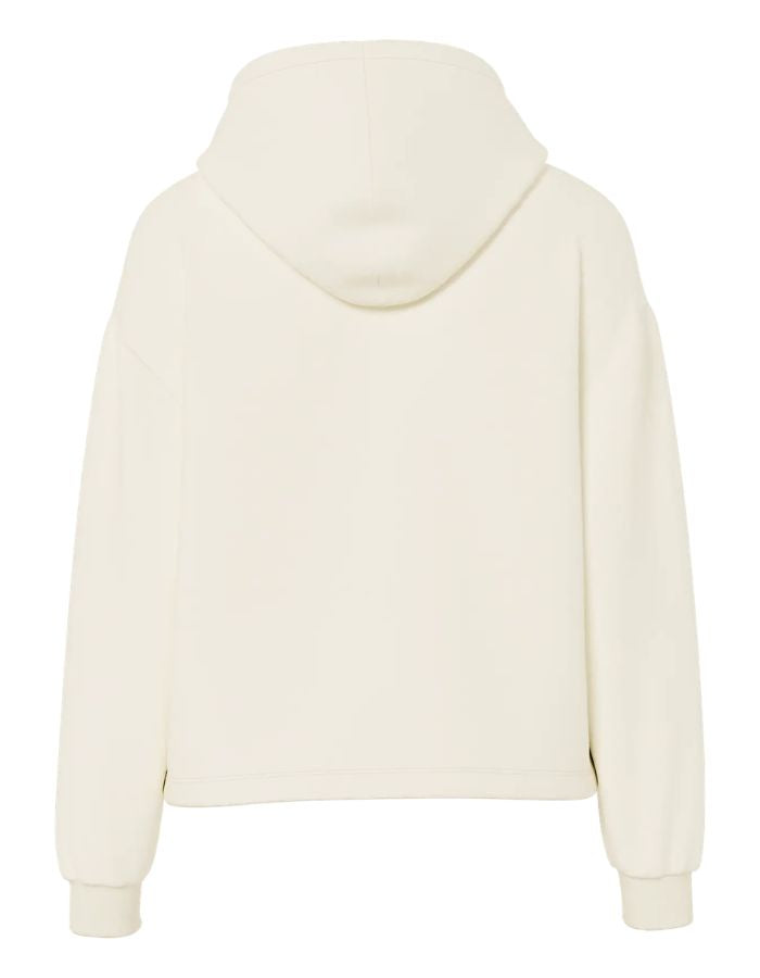Dos du Sweatshirt à capuche uni pour femme modèle Chilli de la marque Pieces. Coupe droite de couleur blanc cassé grisé White Pepper, doté d'une capuche avec cordons et de manches longues.