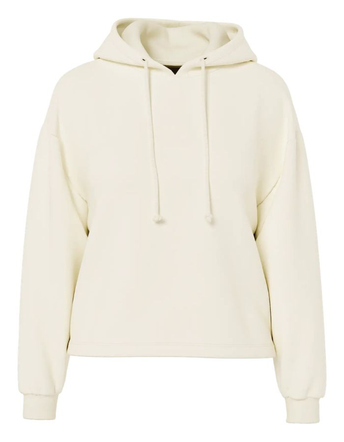 Sweatshirt à capuche uni pour femme modèle Chilli de la marque Pieces. Coupe droite de couleur blanc cassé grisé White Pepper, doté d'une capuche avec cordons et de manches longues.