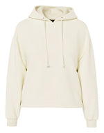 Sweatshirt à capuche uni pour femme modèle Chilli de la marque Pieces. Coupe droite de couleur blanc cassé grisé White Pepper, doté d'une capuche avec cordons et de manches longues.