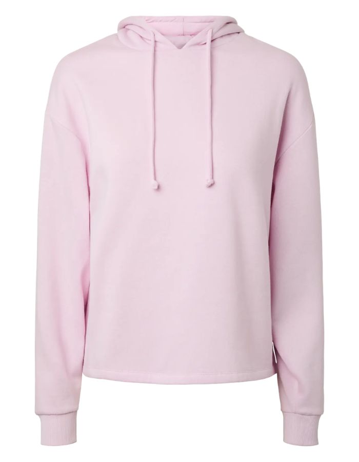 Sweatshirt à capuche uni pour femme modèle Chilli de la marque Pieces. Coupe droite de couleur violet mauve pastel Winsome Orchid, doté de manches longues et de finitions élastiques aux poignets