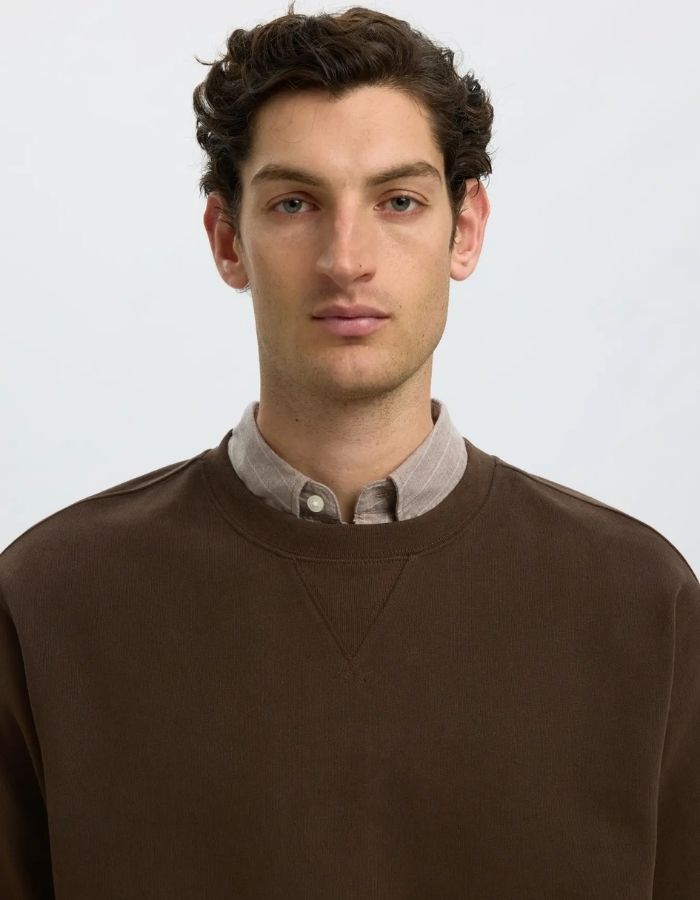 Col du Sweatshirt pour homme en coton biologique marron chocolat, coupe décontractée, modèle Relaxgrant LS Crew Neck Sweat de la marque Selected.