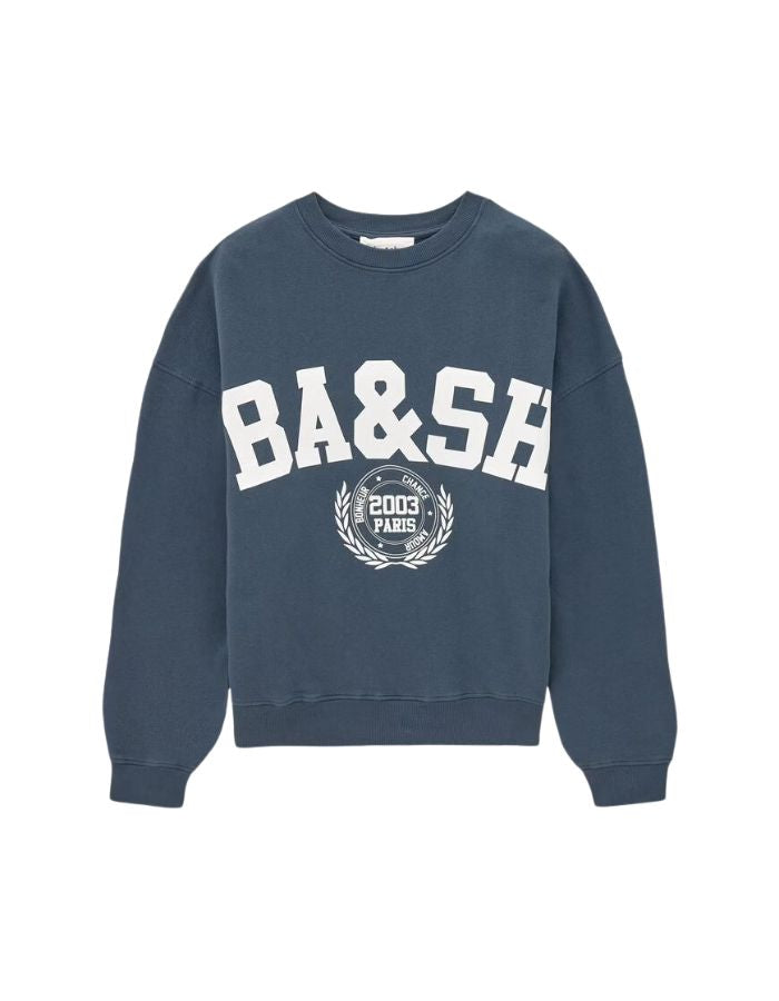Sweatshirt pour femme en coton biologique bleu, modèle Benjamin de la marque ba&sh. Présente une coupe confortable confectionnée au Portugal.